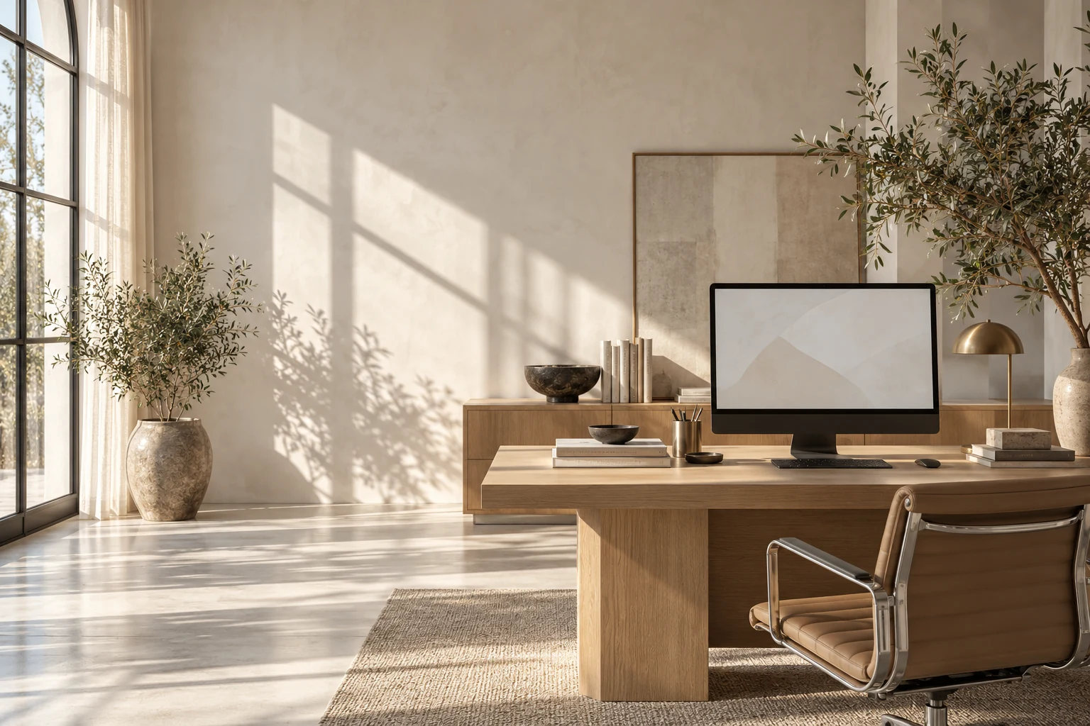 Light-filled creative studio with an oak desk and desktop computer